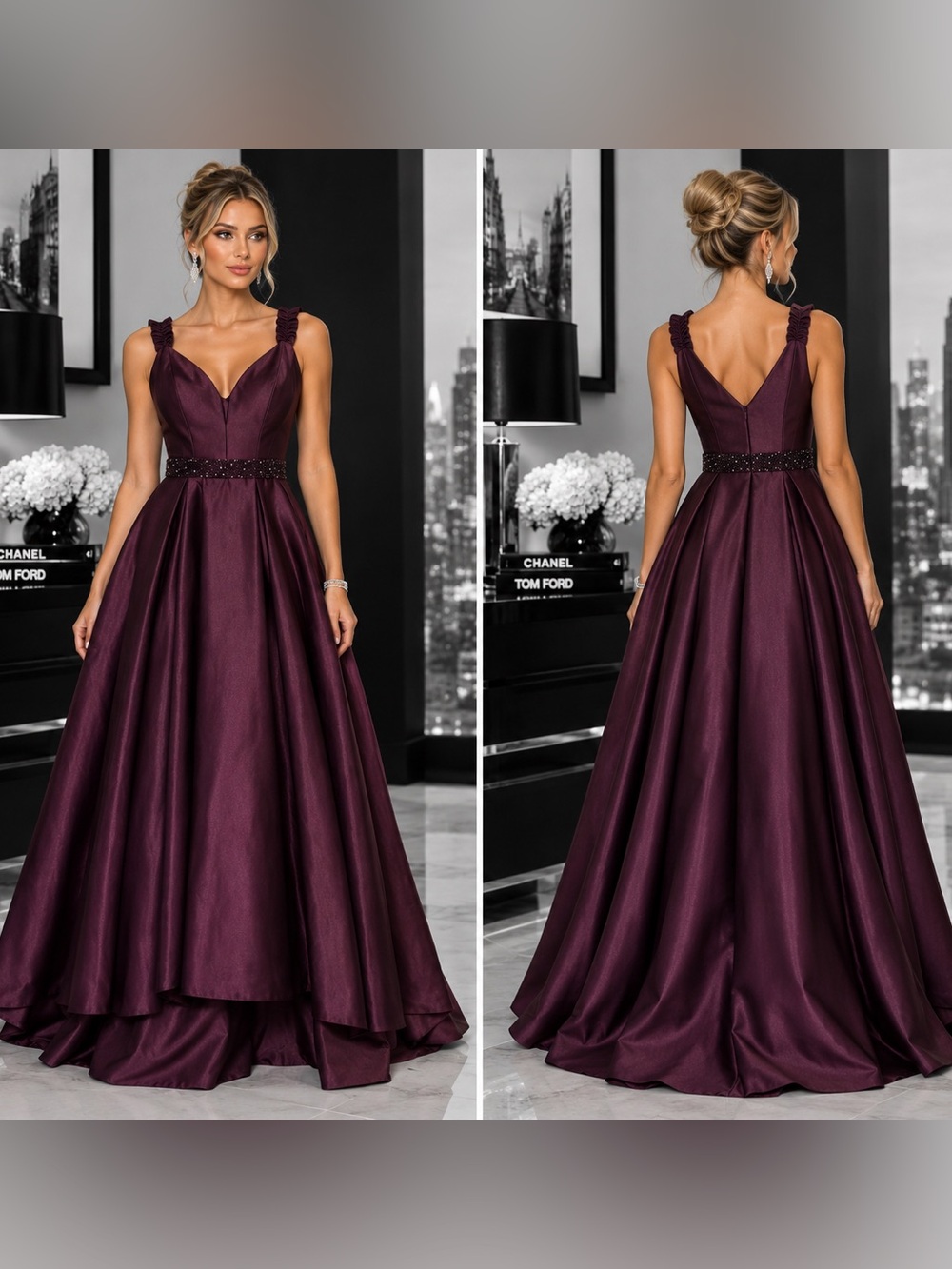 Betsy & Adam Burgundy Satin Prom Gown with Beaded Waist